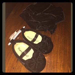 Black velvet beret hat and matching shoes